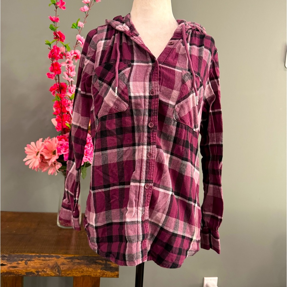 Plaid My Style 100% Cotton Button Down Long Sleeve Hoodie; Size M